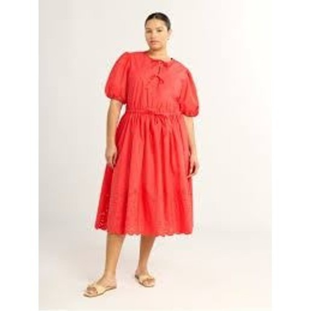 Free Assembly Midi Dress Womens Red Eyelet Hem Puff Sleeve Boho XXL 20